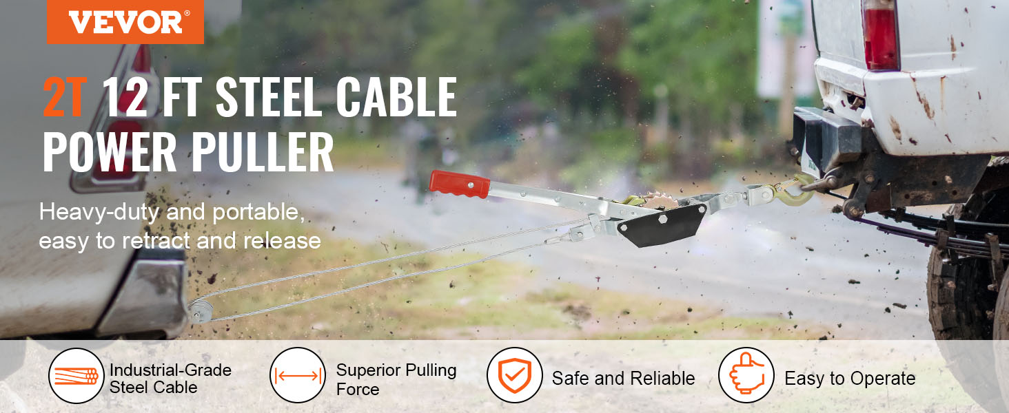 VEVOR come along winch pulling a vehicle with 12 ft steel cable, easy to retract and release.