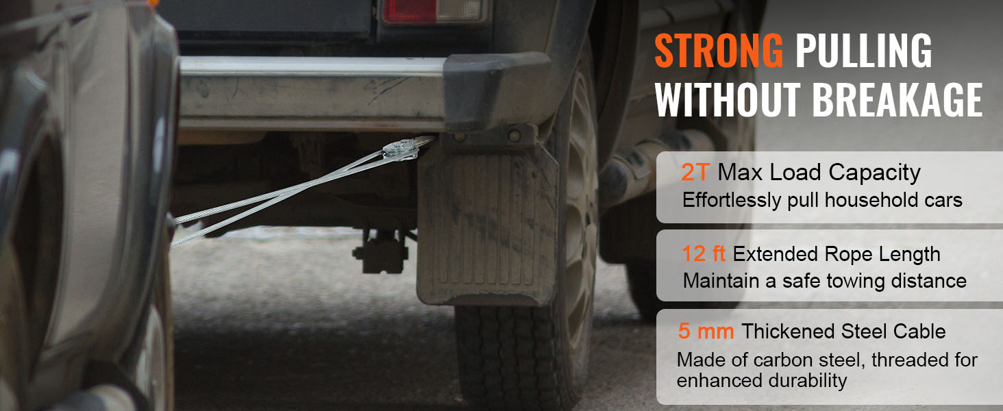 VEVOR come along winch pulling a car with strong steel cable, highlighting its 2t load capacity and 12 ft rope length.