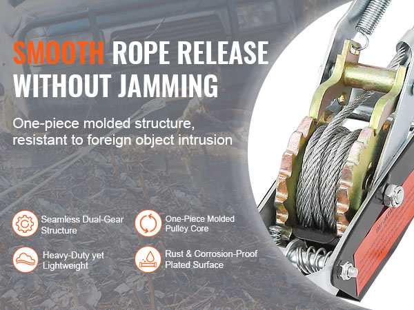 smooth rope release without jamming, VEVOR come along winch, seamless dual-gear, rust-resistant.