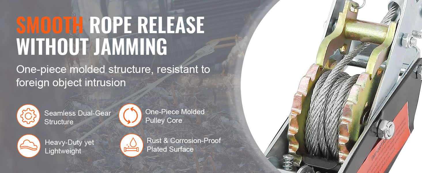 smooth rope release without jamming, VEVOR come along winch, seamless dual-gear, rust-resistant.