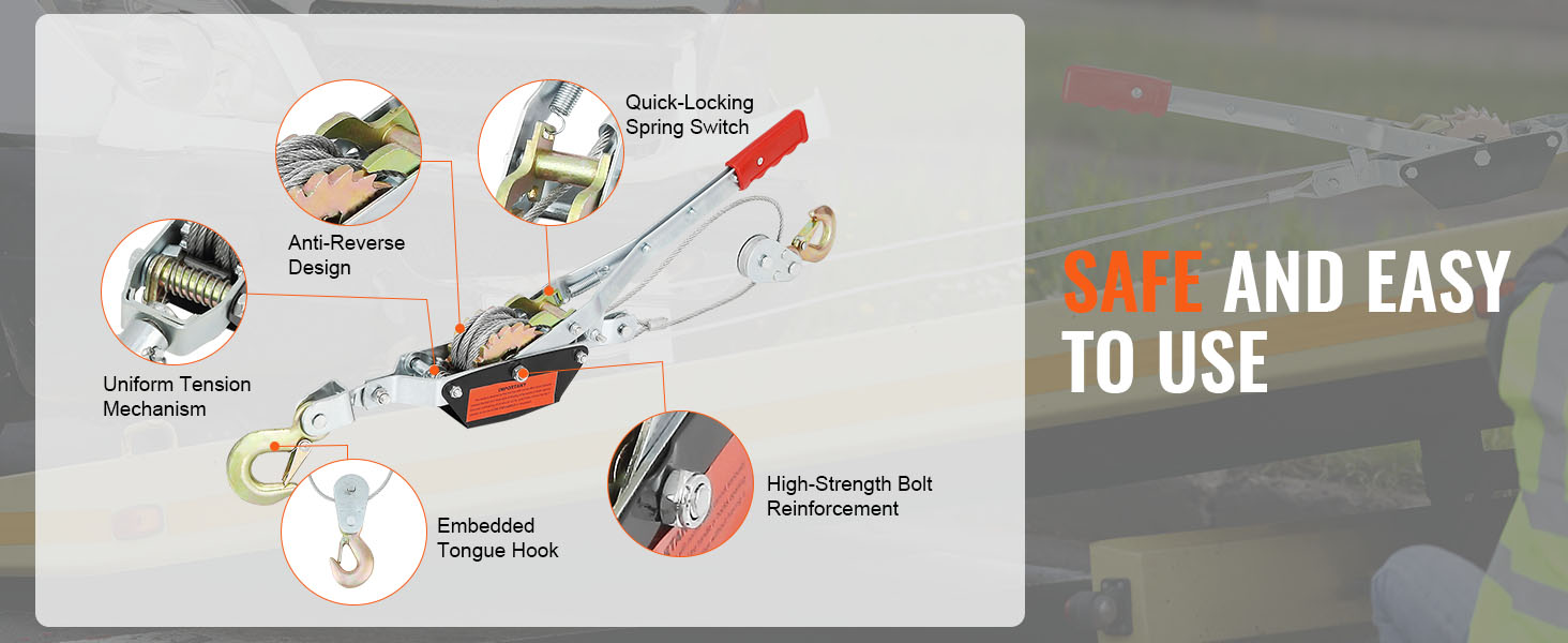 VEVOR come along winch with quick-locking spring switch, anti-reverse design, and uniform tension mechanism.