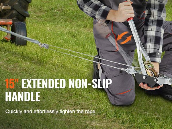 VEVOR come along winch with 15" extended non-slip handle, easily tightening rope on grassy field.