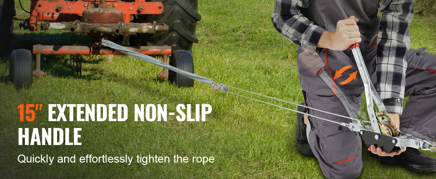 VEVOR come along winch with 15" extended non-slip handle, easily tightening rope on grassy field.