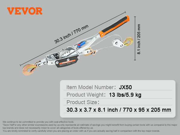 VEVOR come along winch, model jx50, 13 lbs, 30.3 x 3.7 x 8.1 inch dimensions, product image.