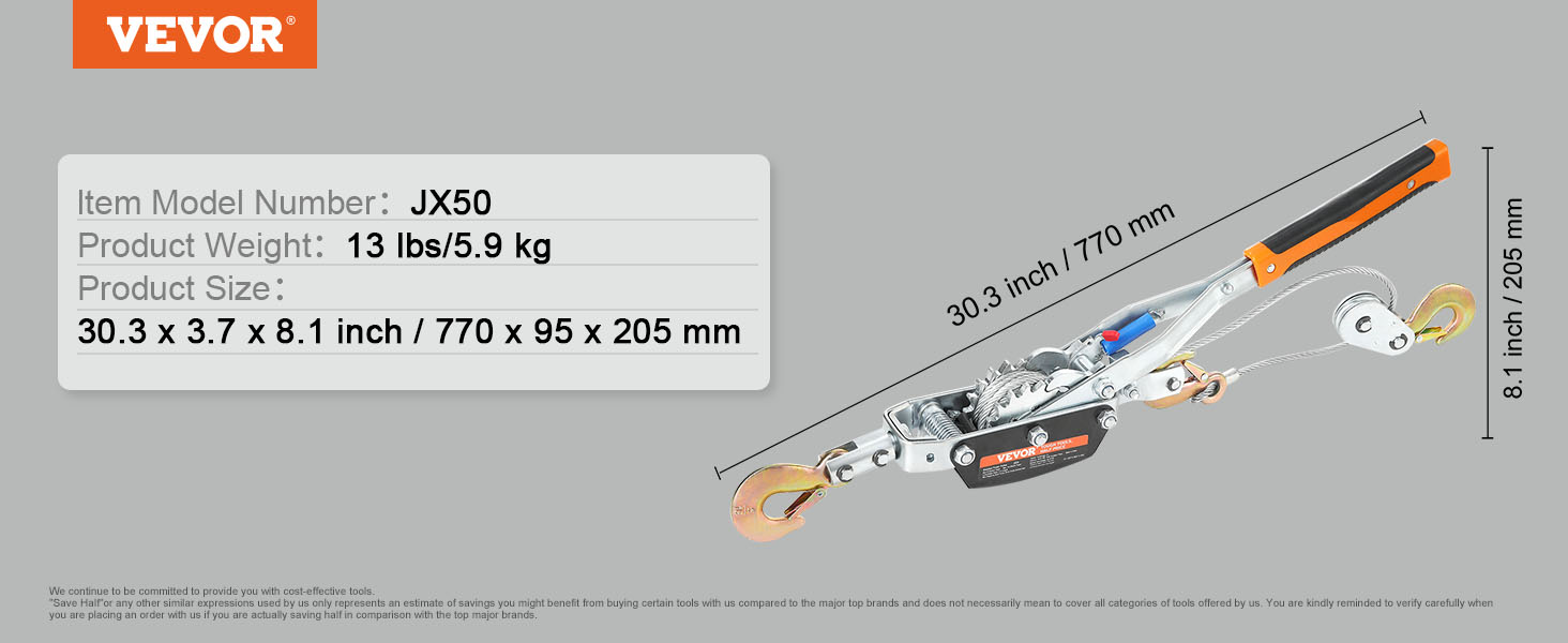 VEVOR come along winch, model jx50, 13 lbs, 30.3 x 3.7 x 8.1 inch dimensions, product image.