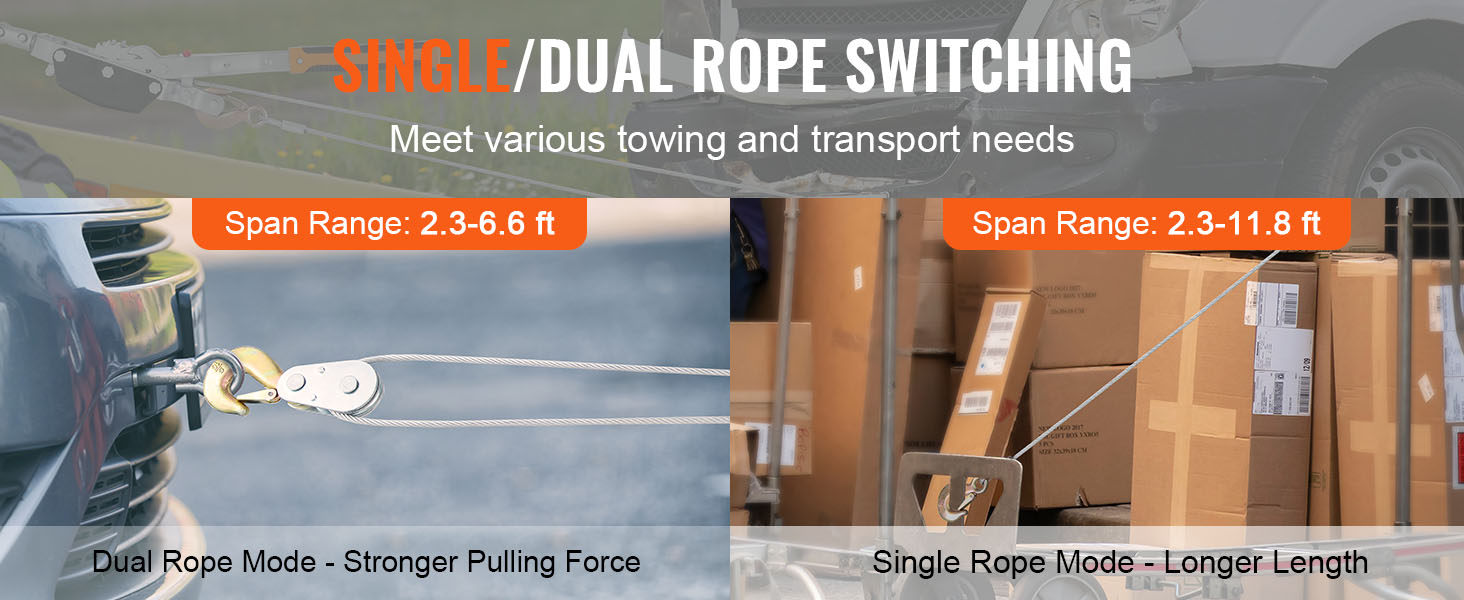 single/dual rope switching for VEVOR come along winch; span ranges: 2.3-6.6 ft, 2.3-11.8 ft.
