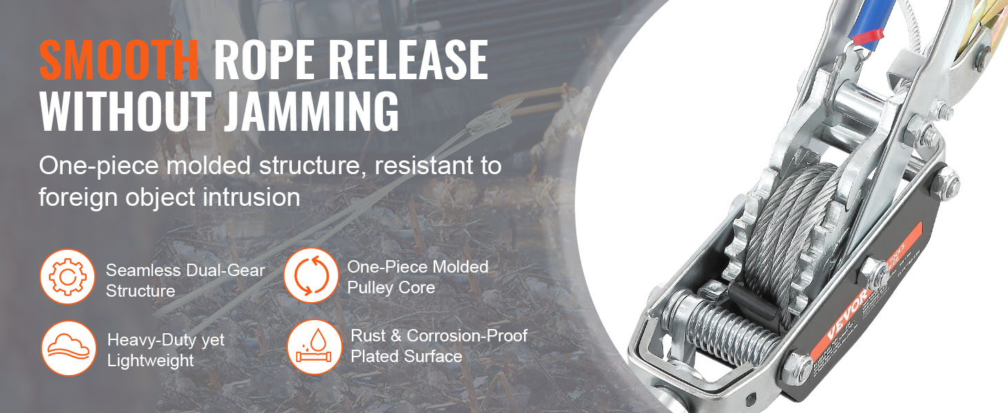 VEVOR come along winch showcasing smooth rope release, dual-gear structure, and rust-proof surface.