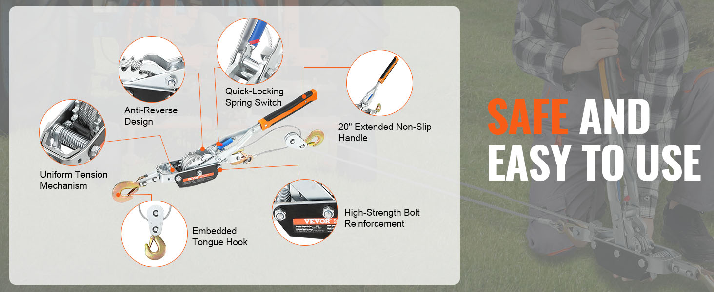 VEVOR come along winch with 20" handle, anti-reverse design, spring switch, and embedded tongue hook.