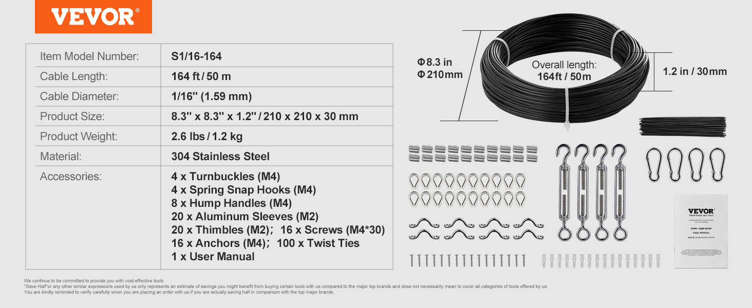VEVOR vinyl coated wire rope kit, 1/16" diameter, 164 ft length, includes turnbuckles, snap hooks, handles.