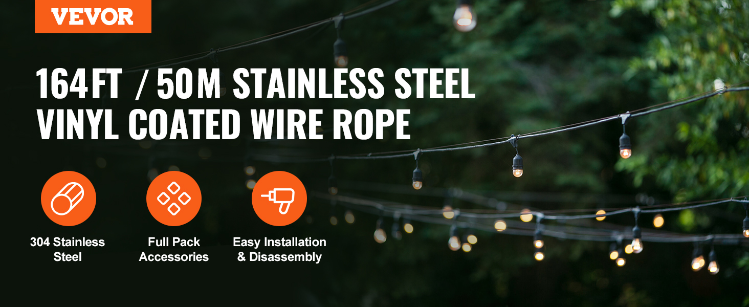 VEVOR 164ft stainless steel vinyl coated wire rope with lights hanging in a garden.