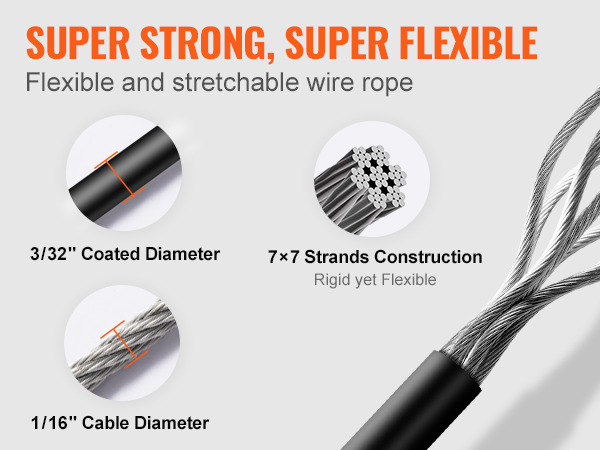 VEVOR vinyl coated wire rope kit with 3/32" coated diameter, 1/16" cable diameter, 7x7 strands.