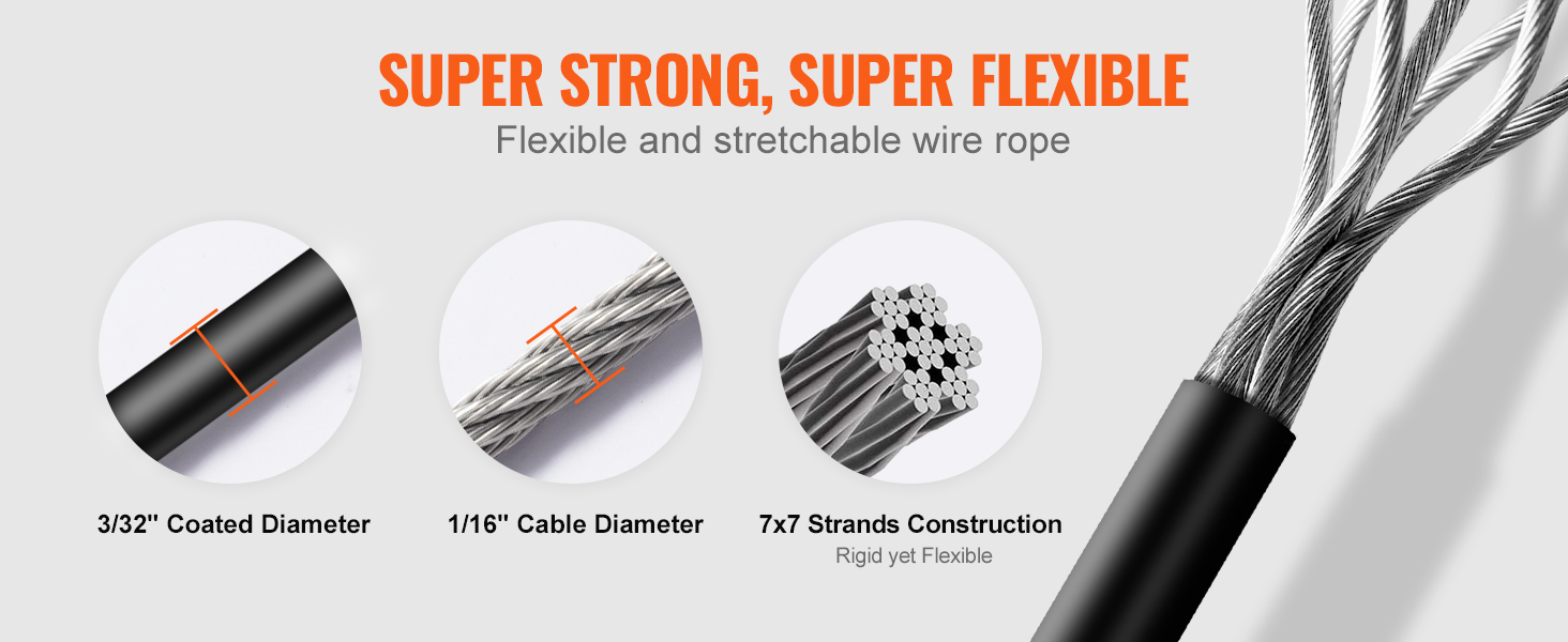 VEVOR vinyl coated wire rope kit with 3/32" coated diameter, 1/16" cable diameter, 7x7 strands.