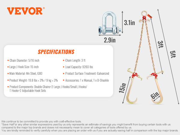VEVOR v-chain bridle specifications, showcasing chain length, hook sizes, load capacity, and accessories.