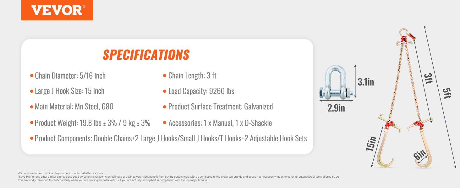 VEVOR v-chain bridle specifications, showcasing chain length, hook sizes, load capacity, and accessories.