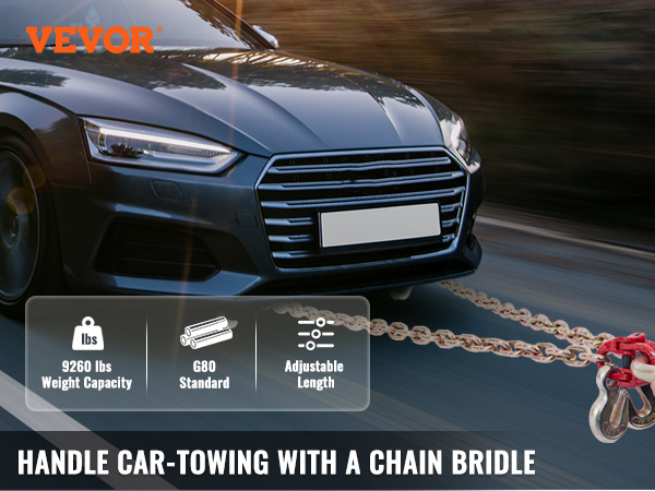 VEVOR v-chain bridle towing a car, g80 standard, 9260 lbs capacity, adjustable length.