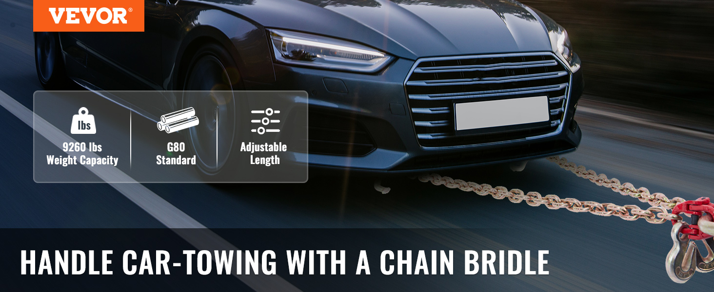 VEVOR v-chain bridle towing a car, g80 standard, 9260 lbs capacity, adjustable length.