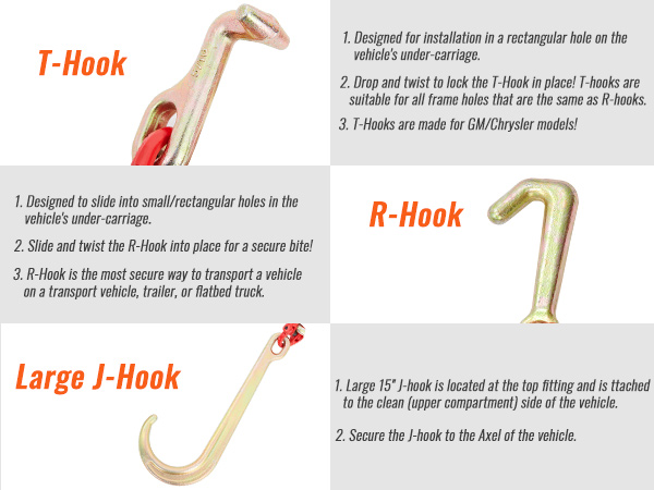 t-hook, r-hook, and large j-hook for VEVOR v-chain bridle, designed for vehicle undercarriage use.