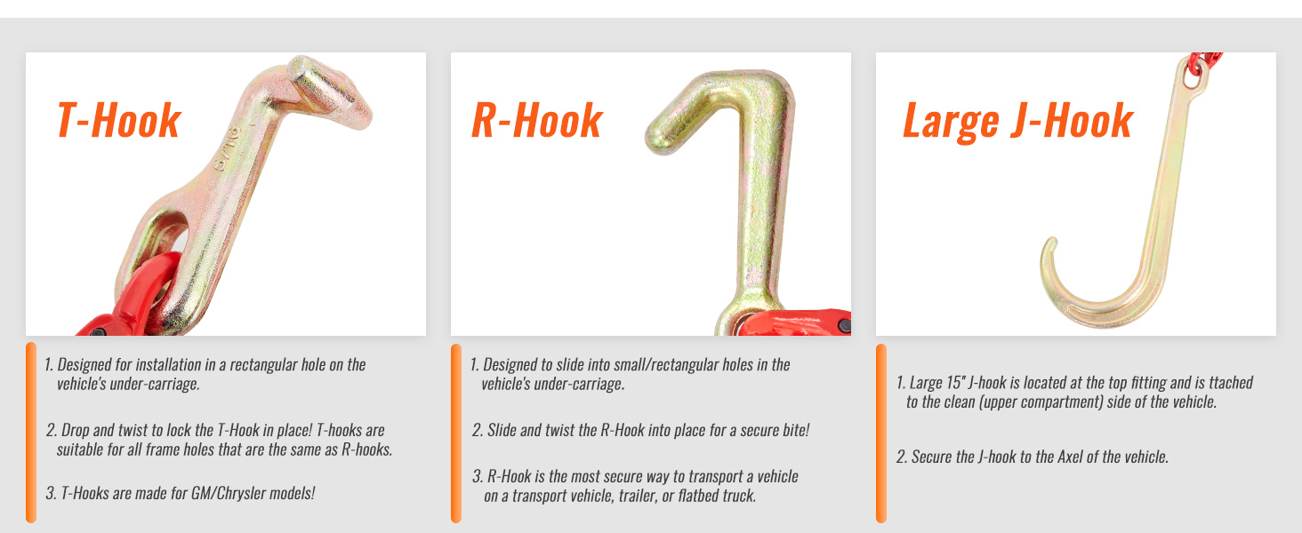 t-hook, r-hook, and large j-hook for VEVOR v-chain bridle, designed for vehicle undercarriage use.