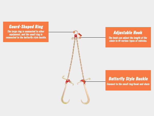 VEVOR v-chain bridle with gourd-shaped ring, adjustable hook, and butterfly style buckle explained.
