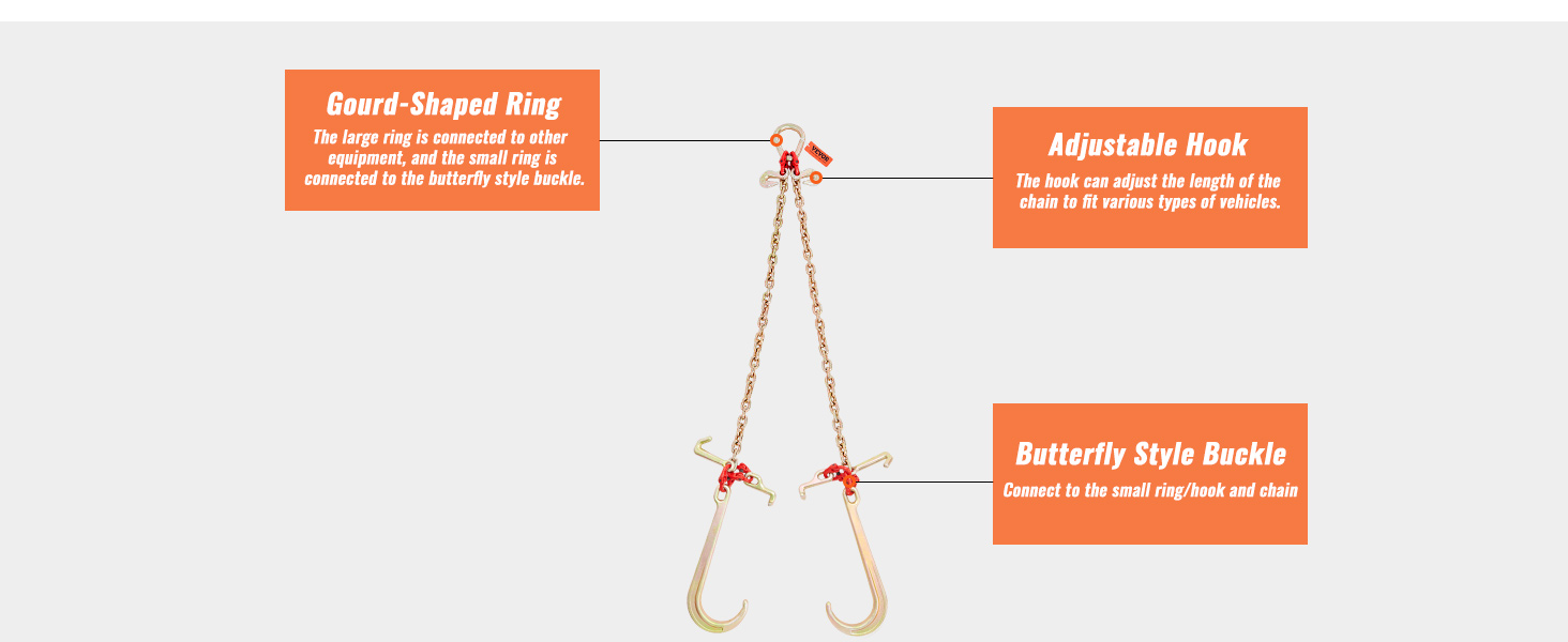 VEVOR v-chain bridle with gourd-shaped ring, adjustable hook, and butterfly style buckle explained.