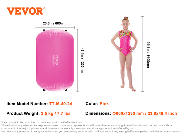 VEVOR air mat, pink, tt-m-40-24, 3.5 kg, φ600x1230 mm, 23.6x48.4 inch, for gymnastics.
