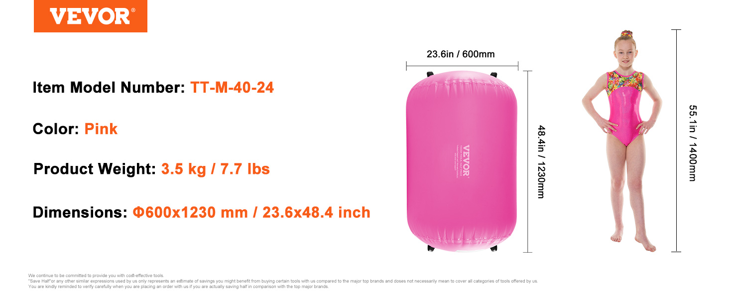 VEVOR air mat, pink, tt-m-40-24, 3.5 kg, φ600x1230 mm, 23.6x48.4 inch, for gymnastics.