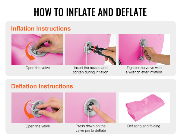 inflation and deflation guide for the VEVOR air mat, showing valve steps and folded pink mat.