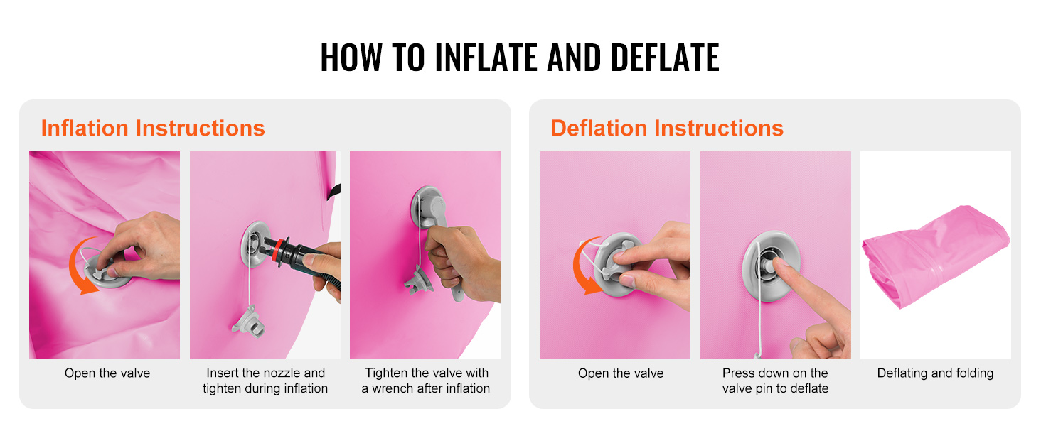 inflation and deflation guide for the VEVOR air mat, showing valve steps and folded pink mat.