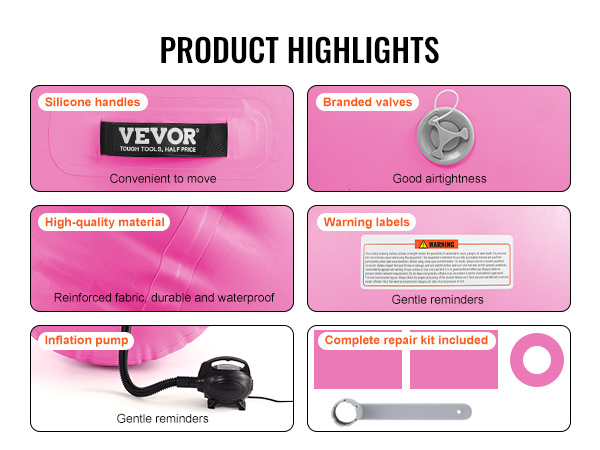 VEVOR air mat features silicone handles, branded valves, high-quality material, warning labels, inflation pump