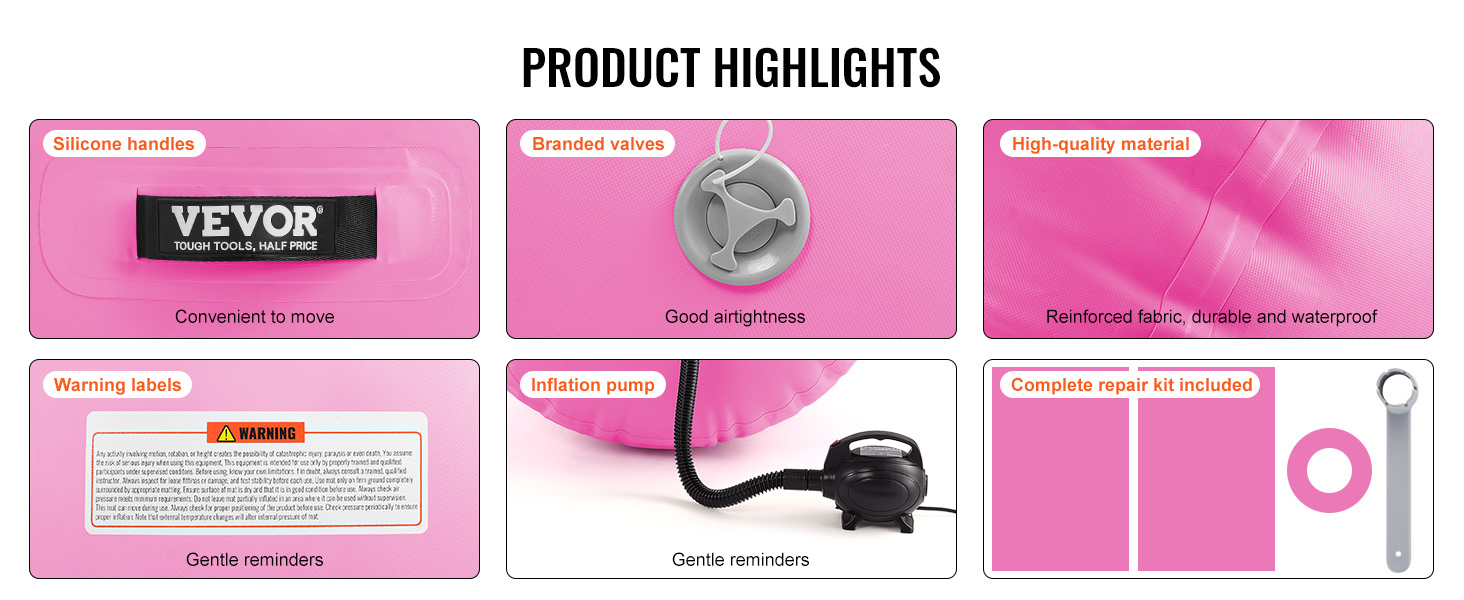 VEVOR air mat features silicone handles, branded valves, high-quality material, warning labels, inflation pump