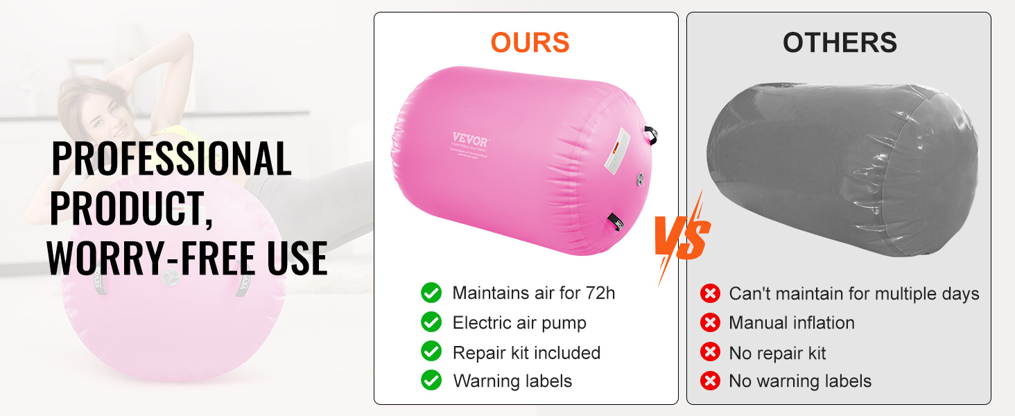 VEVOR air mat vs. competitor: ours lasts 72h, includes an electric air pump, repair kit, and warning labels.