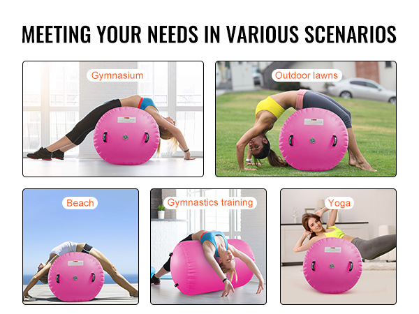 woman using VEVOR air mat for yoga in different environments: gym, outdoors, beach, and gymnastics.
