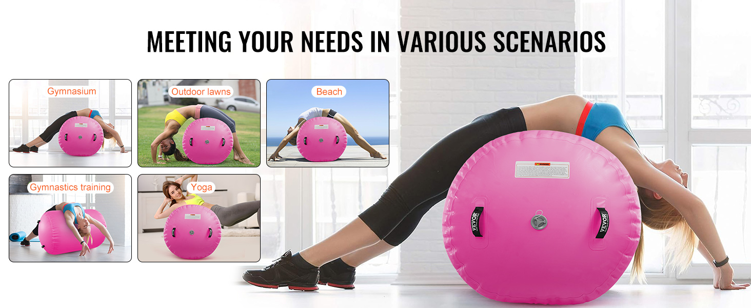 woman using VEVOR air mat for yoga in different environments: gym, outdoors, beach, and gymnastics.