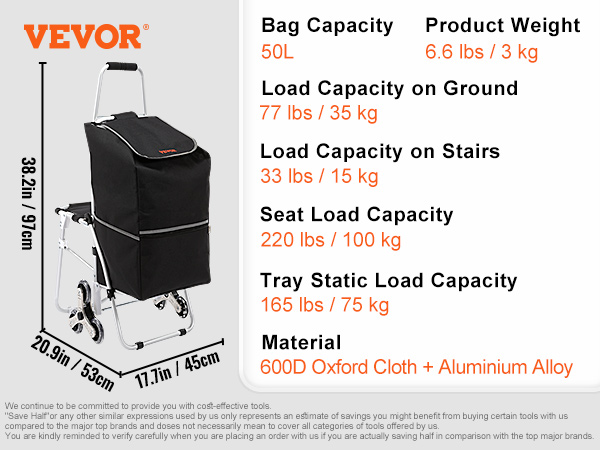 VEVOR stair climbing cart specs: bag 50l, weight 6.6lbs, wheels 3.5in, seat 220lbs, material 600d cloth.