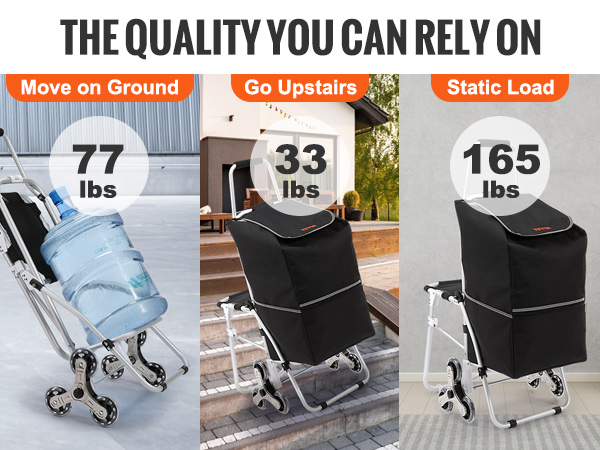 VEVOR stair climbing cart showcasing 77 lbs on ground, 33 lbs upstairs, and 165 lbs static load capacity.