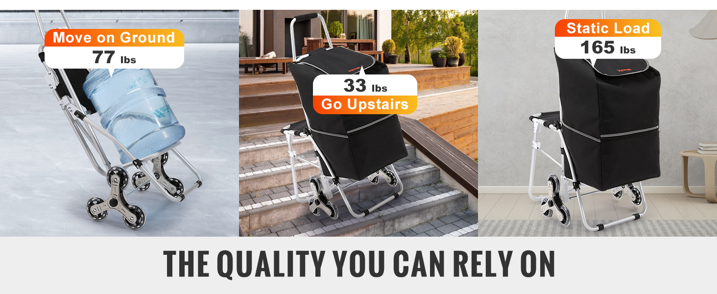 VEVOR stair climbing cart showcasing 77 lbs on ground, 33 lbs upstairs, and 165 lbs static load capacity.