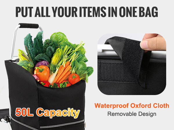 VEVOR stair climbing cart with 50l capacity, featuring a removable waterproof oxford cloth bag.