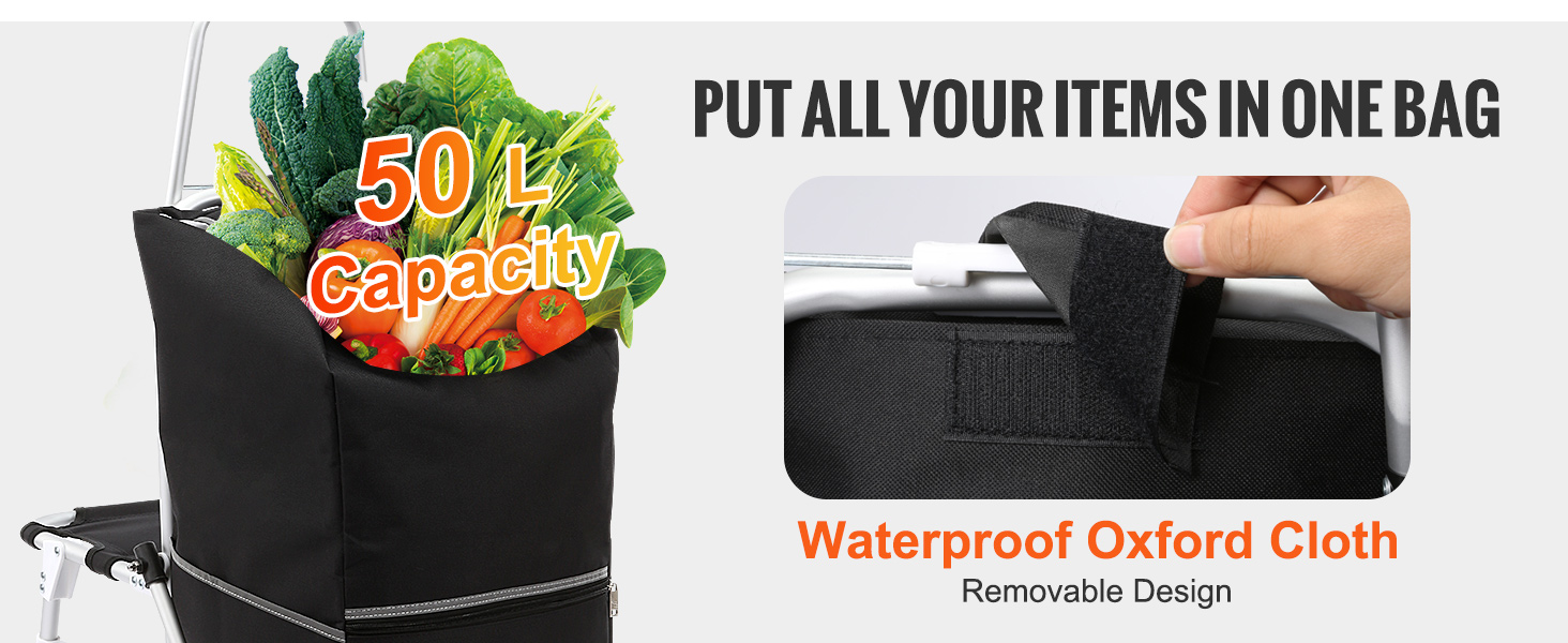 VEVOR stair climbing cart with 50l capacity, featuring a removable waterproof oxford cloth bag.