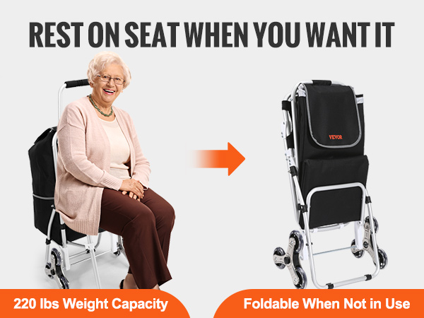 VEVOR stair climbing cart, 220 lbs capacity, foldable, with built-in seat for resting.