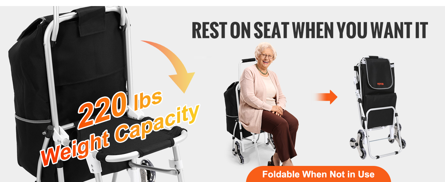 VEVOR stair climbing cart, 220 lbs capacity, foldable, with built-in seat for resting.