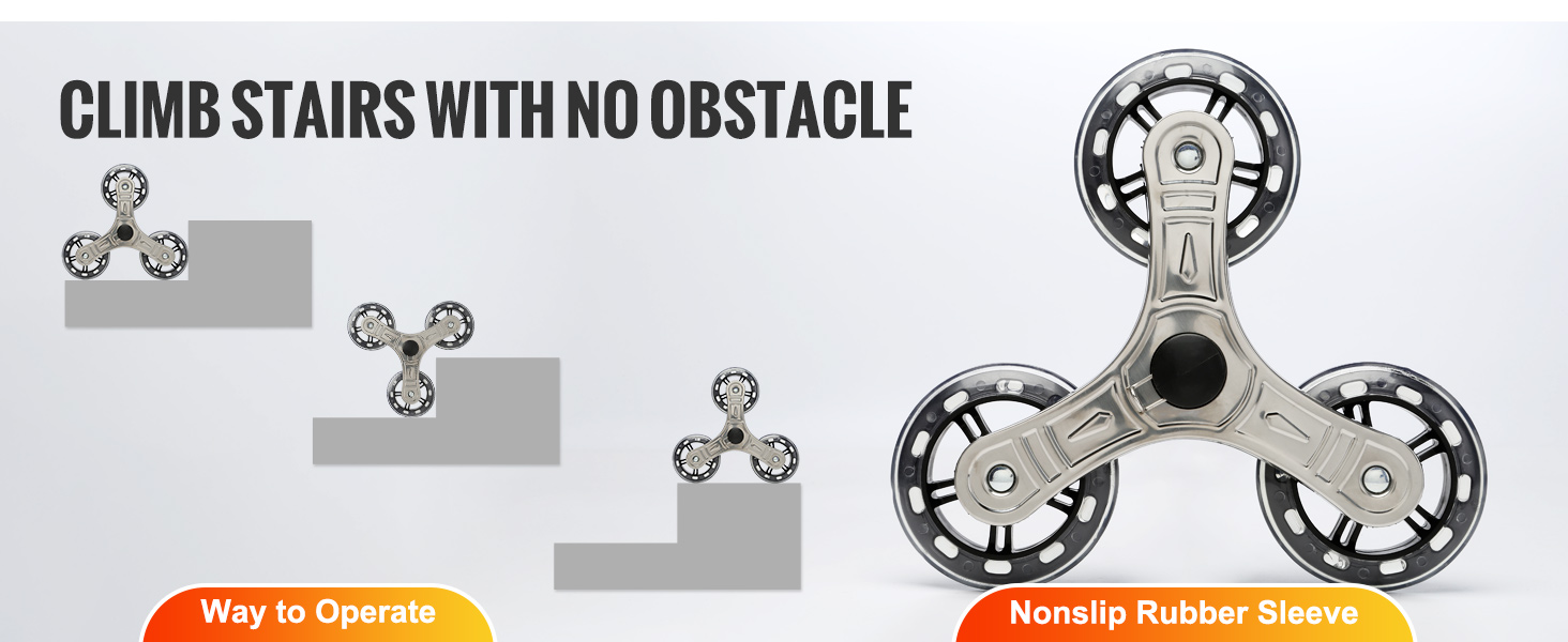 VEVOR stair climbing cart's tri-wheel design illustrated on various stair levels. nonslip rubber sleeve.