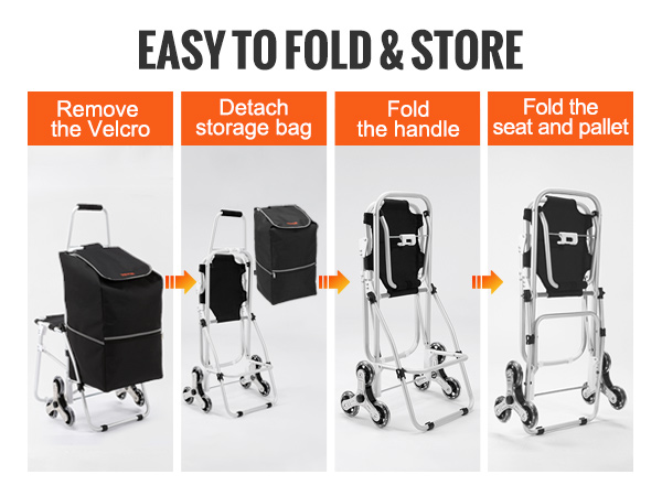 VEVOR stair climbing cart step-by-step folding process: remove velcro, detach bag, fold handle, seat, and pallet.