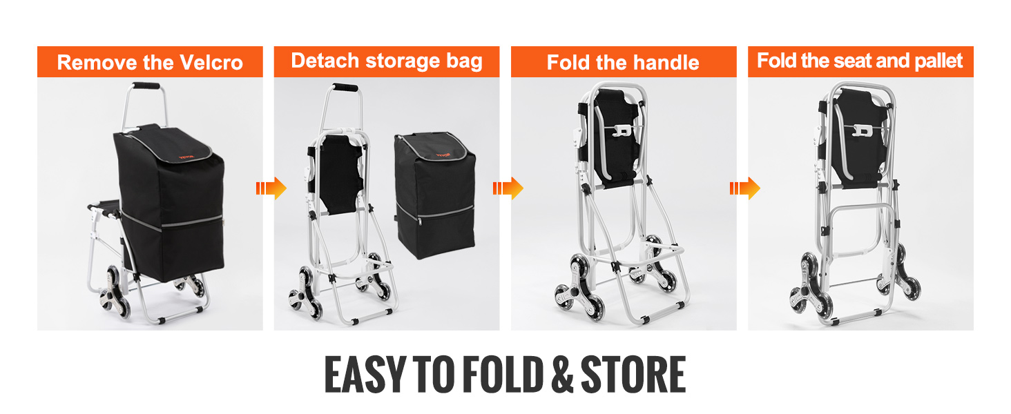 VEVOR stair climbing cart step-by-step folding process: remove velcro, detach bag, fold handle, seat, and pallet.