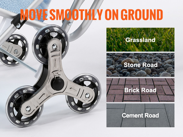 VEVOR stair climbing cart with tri-wheel design, suitable for grassland, stone, brick, and cement roads.