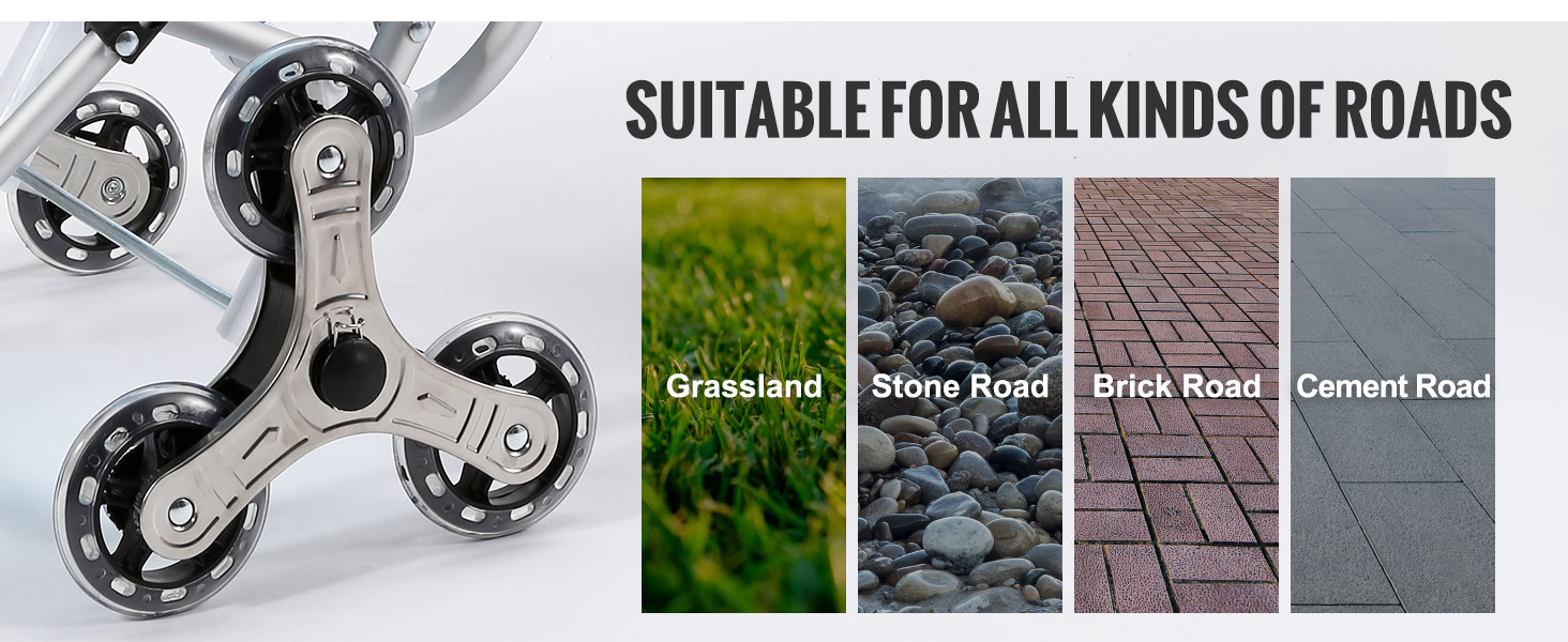 VEVOR stair climbing cart with tri-wheel design, suitable for grassland, stone, brick, and cement roads.