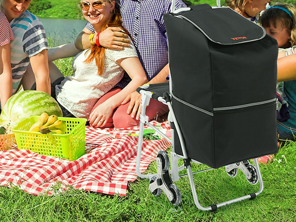 picnic by the lake with picnic supplies, VEVOR stair climbing cart, and fruits on checked blanket.