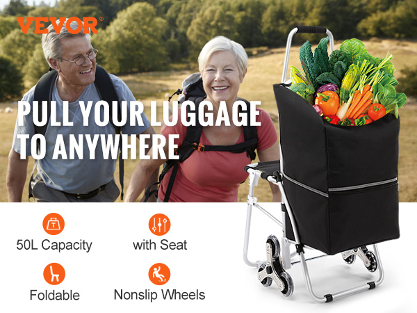 VEVOR stair climbing cart with a 50l capacity, foldable design, and nonslip wheels.