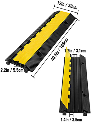 VEVOR cable protector ramp with yellow cover and black base, dimensions in inches and centimeters.