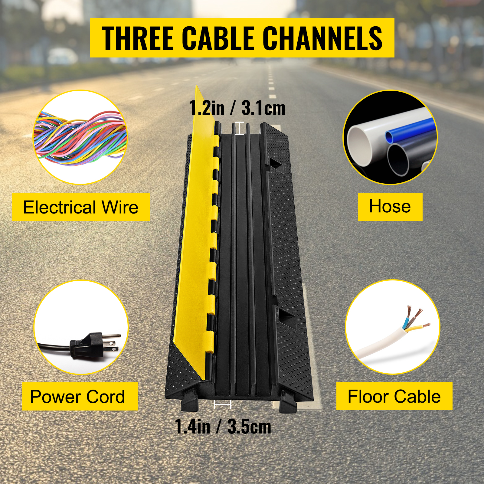 VEVOR cable protector ramp with three cable channels on a road with wire, hose, and cord.