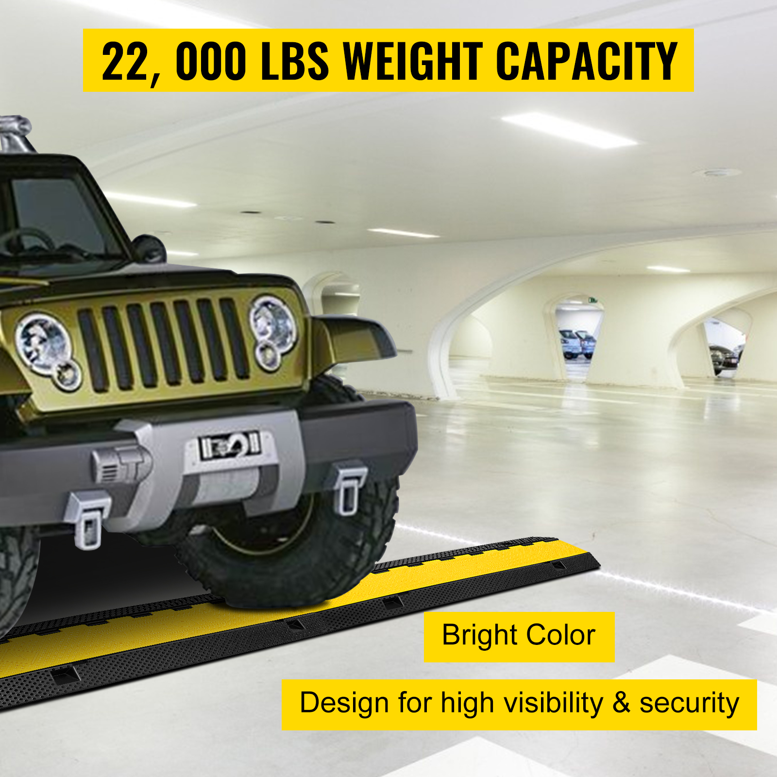 VEVOR cable protector ramp supporting jeep in a parking garage, bright yellow color.